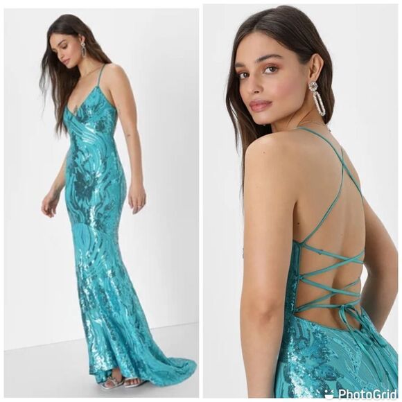 POMUYOO Sparkly Sequin Mermaid Prom Spaghetti Straps Backless Long Formal Gown - Picture 1 of 14
